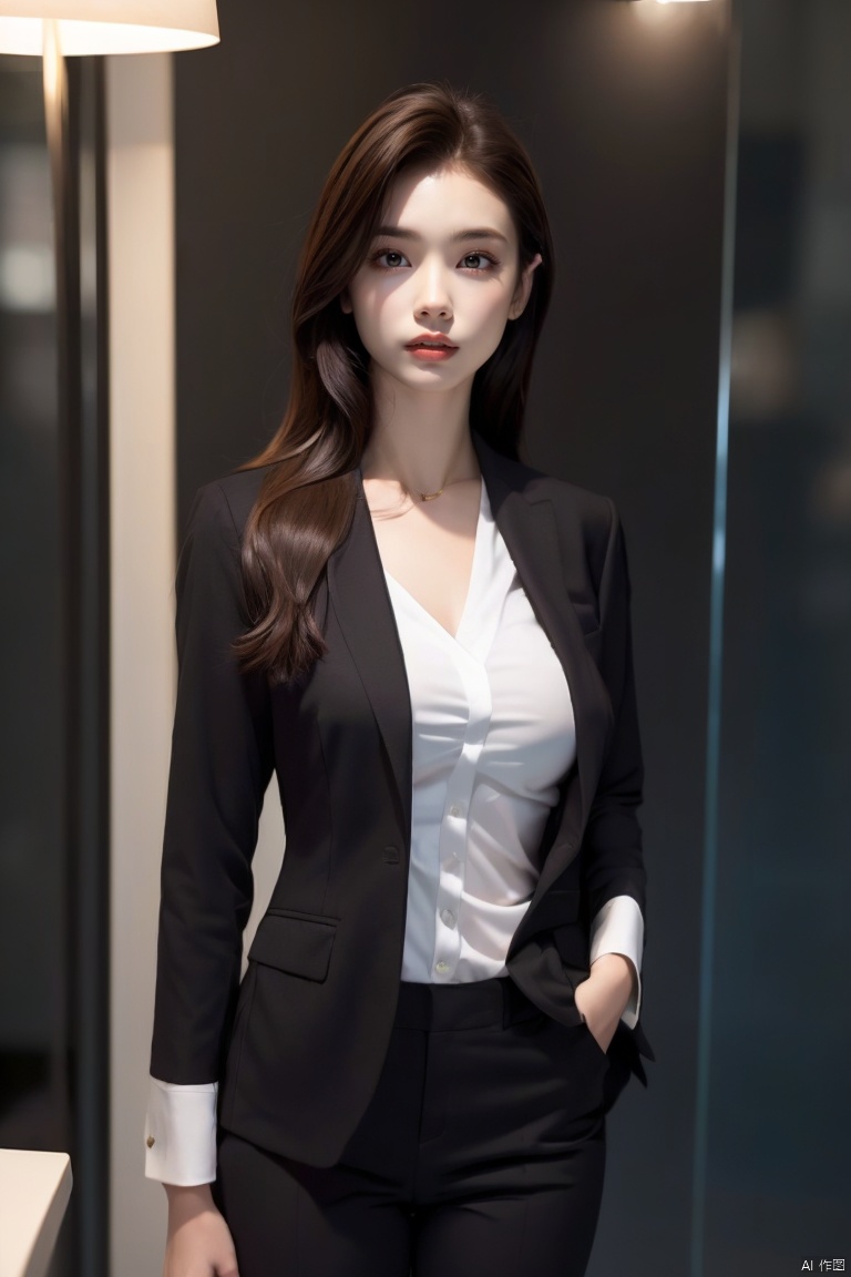  Girl, suit, pretty face, (photo realistic: 1.3) , Edge lighting, (high-detail skin: 1.2) , 8K ultra-hd, DSLR, high quality, high resolution, 8K, best ratio four fingers and one thumb, (photo realistic: 1.3) , wearing a black suit jacket, large breasts,1 girl,yuzu, xiqing