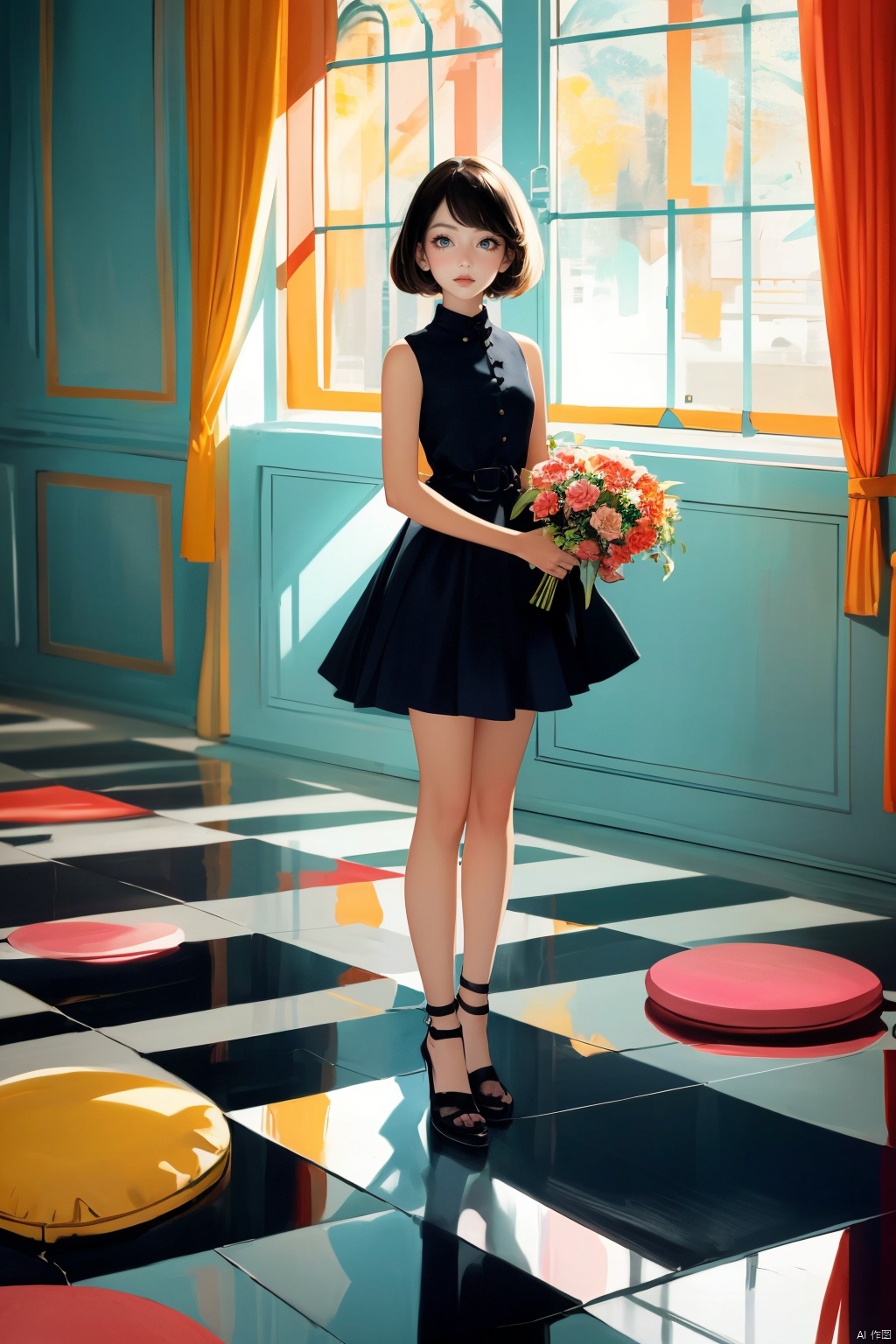  A young girl standing in an interior room, wearing a bright and colorful outfit, holding a bouquet of vibrant flowers. The walls are adorned with abstract geometric patterns, and the floor is covered with colorful carpets. Sunlight streams in through the windows, bringing warmth and vitality to the entire room. High-resolution image, trending on Pinterest, vibrant colors, bold patterns, mid-century modern style, Memphis design, pop art influence, cheerful atmosphere, pastel colors, close-up shot, professional photography, by Kelly Wearstler, Jonathan Adler, David Hicks., sd_mai, 1girl