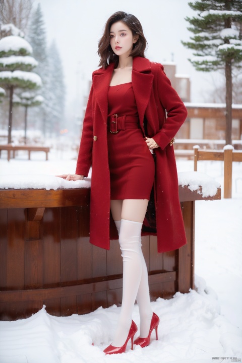 A girl in a red coat standing in the snowy outdoors, wearing high heels and silk stockings, surrounded by white snow. High quality photo of a beautiful woman in a red coat with long legs and high heels in a winter wonderland. Snowy landscape, beautiful girl, red coat, high heels, silk stockings, outdoor winter scene, trending on Pinterest, trending on DeviantArt, Intricate, High Detail, Sharp focus, dramatic, photorealistic painting art by midjourney and greg rutkowski., hy, dyzgqzm