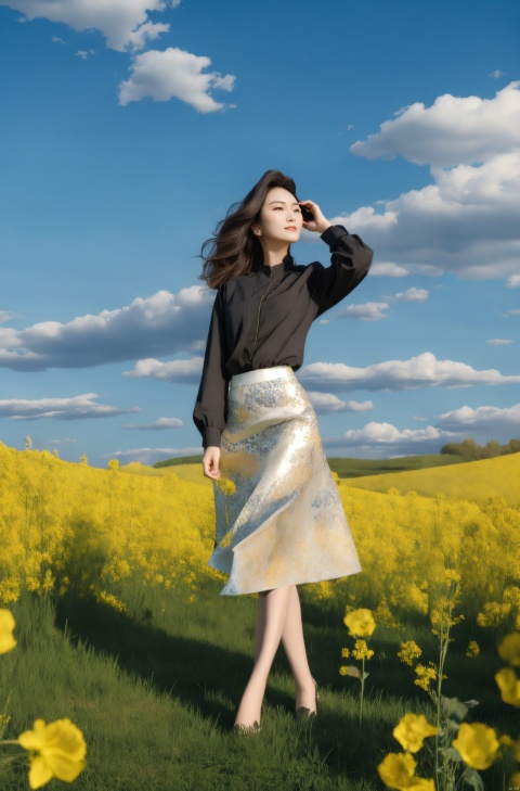  elegant asian woman in a black Mosaic dress,standing in a field of flowering rape flowers against a backdrop of blue skies and white clouds, Fairy, crystal, jewels,Crystal clear,eyeshadow,dynamic pose,(the skirt sways with the wind:1.2),(skirt_hold:1.2),high heels,Charming eyes,sideways_glance,exquisite facial features,slim legs,graceful yet melancholic posture,full shot,dutch angle,from_side,medium_shot,soft lighting,dramatic,perfect lighting,simple_background,(masterpiece, realistic, best quality, highly detailed, Ultra High Resolution, Photo Art, profession,cinematic_angle),plns,sw,1girl, dress,nature,colorful, sunyunzhu, blackpantyhose,print legwear