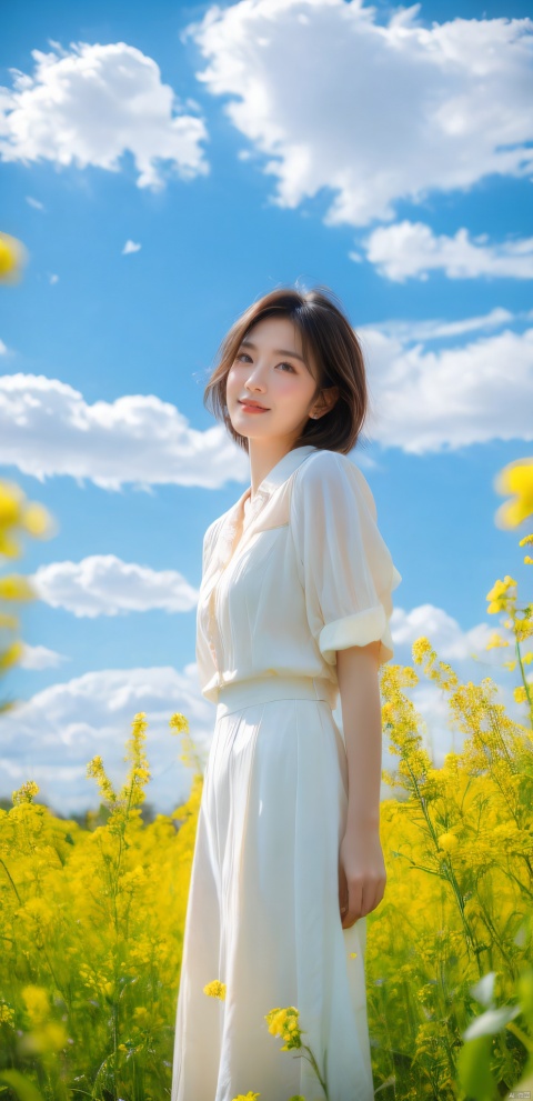  A elegant woman in a dark suit with golden short hair, standing in a field of blooming rapeseed flowers against a backdrop of blue sky and white clouds, gentle breeze blowing, causing her clothes corner and hair to flutter slightly, high quality full HD picture, art painting by famous artist., Light master, ((poakl)), (\meng ze\), xiqing, 1 girl