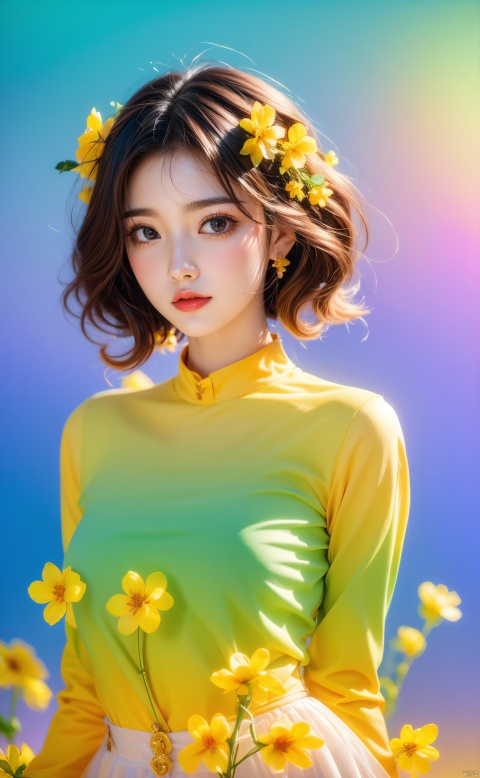  1 girl,(gradient hair:1.4) , gradient clothes,(rape flower) , sea of flowers, white transparent skin, seen from above,using lots of yellow flowers, soft light, masterpiece, best quality, 8K, HDR, flowers, gradient