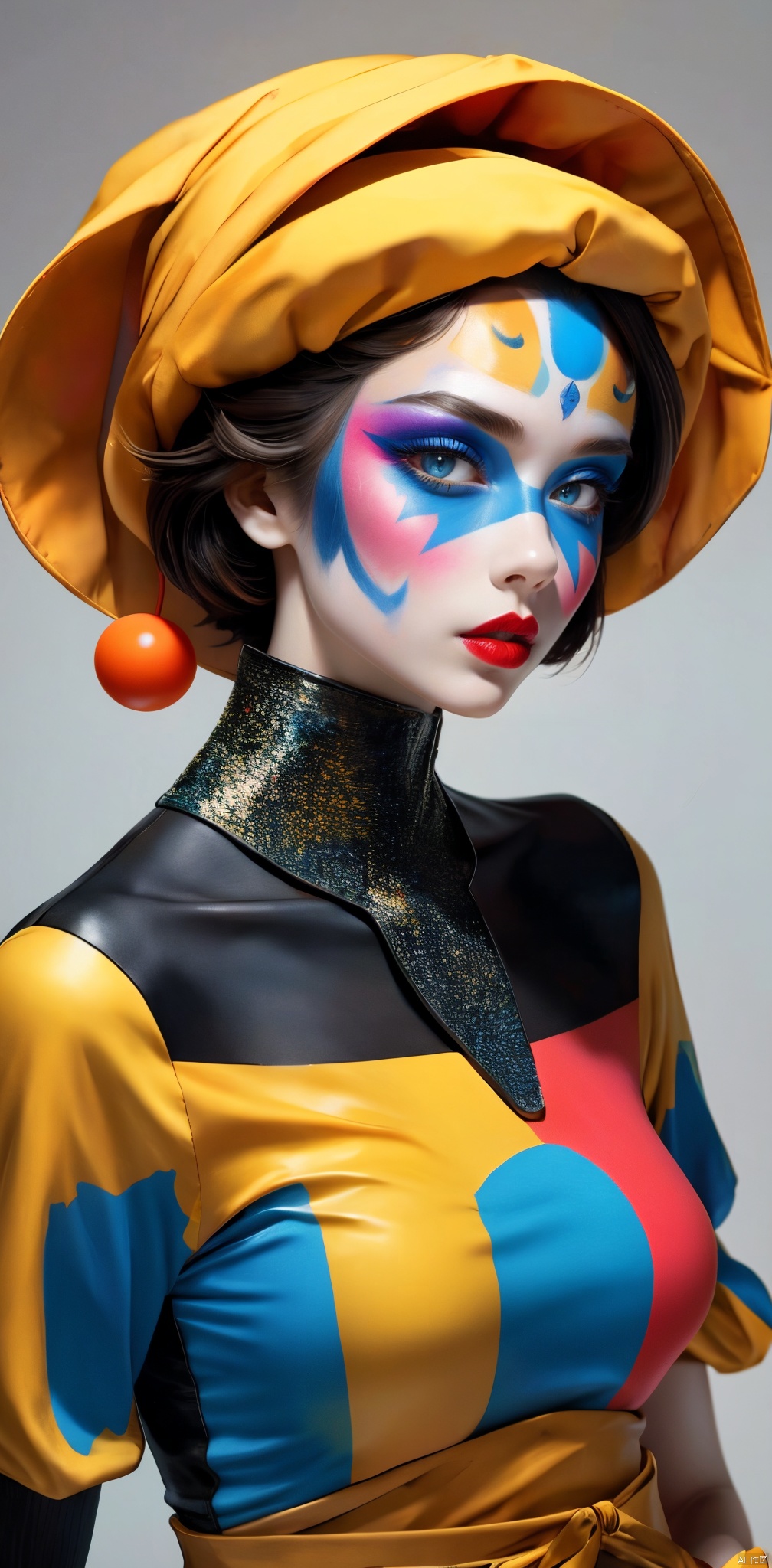  1girl, solo, looking at viewer, blue eyes, hat, upper body, lips, makeup, colored skin, facial mark, lipstick, multicolored clothes, red lips, facepaint, jester cap, colorful, multicolored headwear, clown, Light master, xiqing