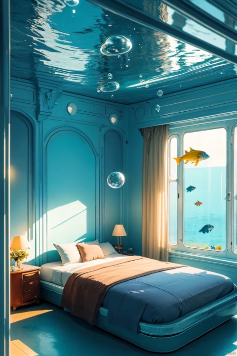  indoors, no humans, window, ground vehicle, scenery, fish, bubble, underwater, air bubble, train interior