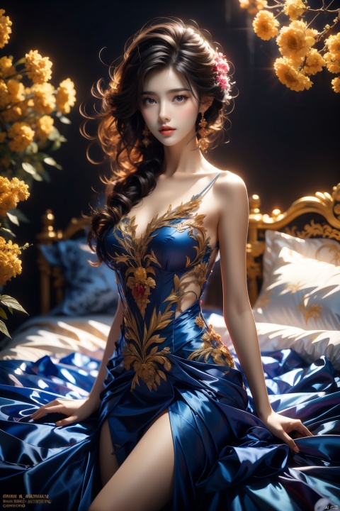  A short-haired beauty, peacock princess, large breasts, in the bedroom is surrounded by rape flowers, black background highlights her silhouette and mystery. The most beautiful works of art, high-definition photos, in the dark bedroom, a mysterious woman sexy and beautiful, in the canola flowers, popular on ArtStation and CGSociety, intricate, detailed, focused, dramatic, graphic artwork by Midtrip and Greg Rutkowski.