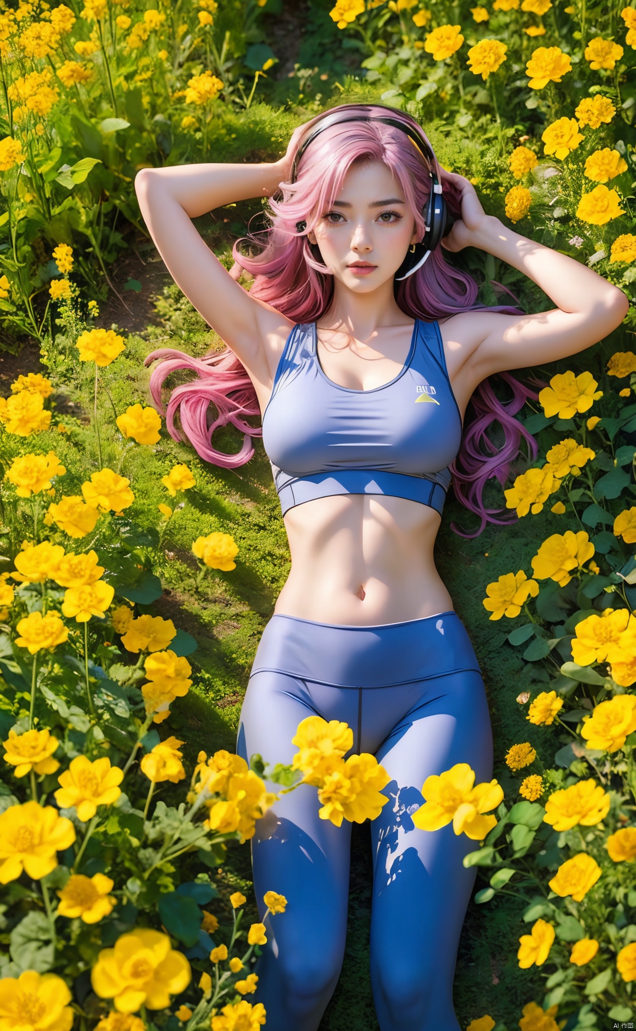 1 girl, (light gray yoga suit) , multi-colored hair, pink hair, butterfly headband, white electric sports headset, (rape flower) , sea of flowers, body, lie down, navel, white transparent skin, seen from above, represented by Hearts, decorated with blue hearts, using lots of hearts, using lots of blue hearts as background, using lots of yellow, using lots of yellow flowers, soft light, masterpiece, best quality, 8K, HDR,