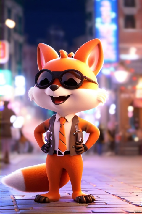 一个可爱的3D渲染的狐狸站立在热闹的街头,她双手叉腰,戴着墨镜,周围是夜晚的城市景象,灯光闪烁,人们来往匆匆,给这个场景增添了一种独特的氛围