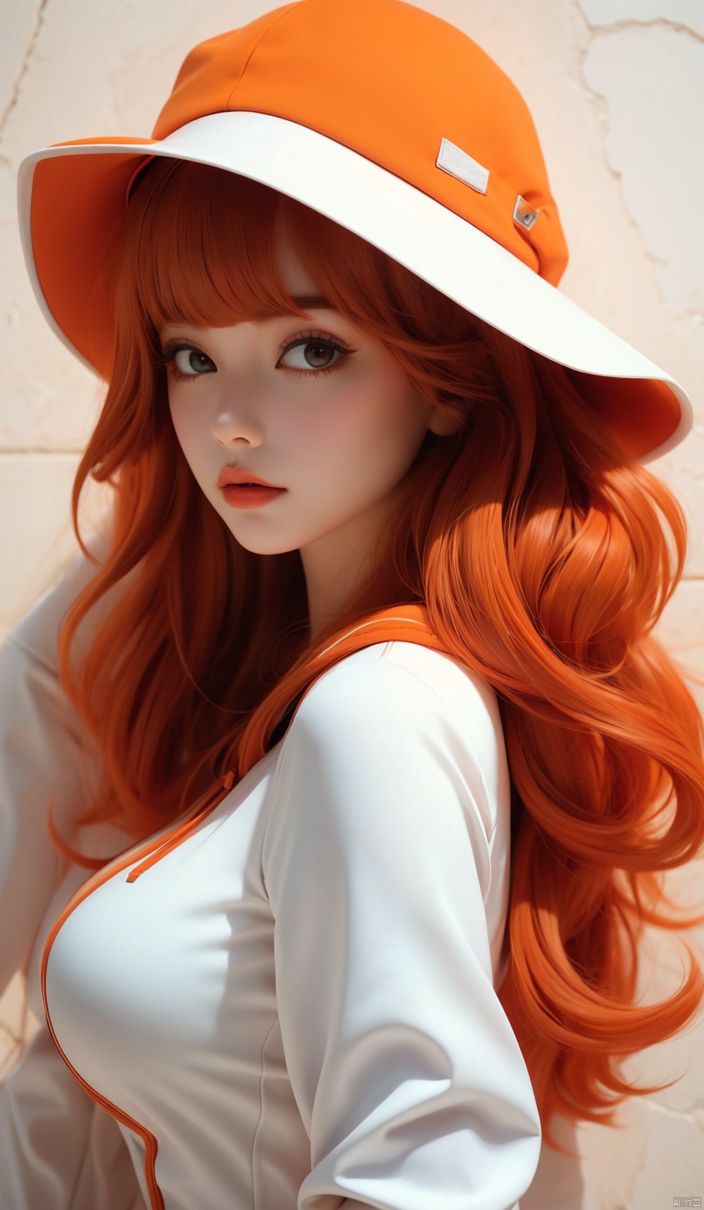  1 girl, Solo, Big Boobs, sexy, long hair, bangs, brown hair, long sleeves, hat, shut up, upper body, signature, hat, orange hair, from side, hoodie, side, Shadow, hat Down, hand in pocket, white hoodie, (Mengze) 