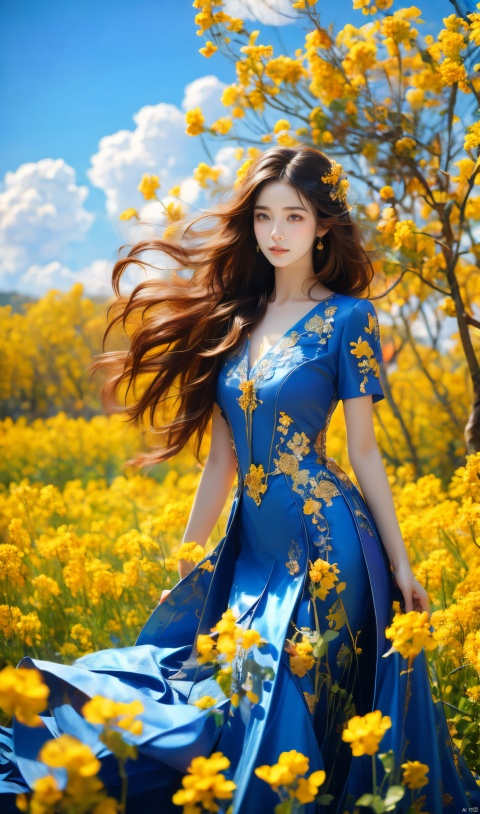  A girl wearing a peacock blue dress standing in the golden rapeseed flower field, her hair gently swaying in the breeze, bathed in sunlight, making her look like a fairy. Behind her is an endless sea of rapeseed flowers, with blue skies, white clouds, and rolling hills in the distance. High-definition photo of a girl in a peacock-blue dress standing in a rapeseed flower field, with long hair fluttering in the wind, bathed in golden sunlight, looking like a fairy, with a vast sea of rapeseed flowers, blue sky, white clouds, and rolling hills in the background. Sharp focus, high-quality picture, dramatic, photorealistic painting art by midjourney and greg rutkowski., Light master