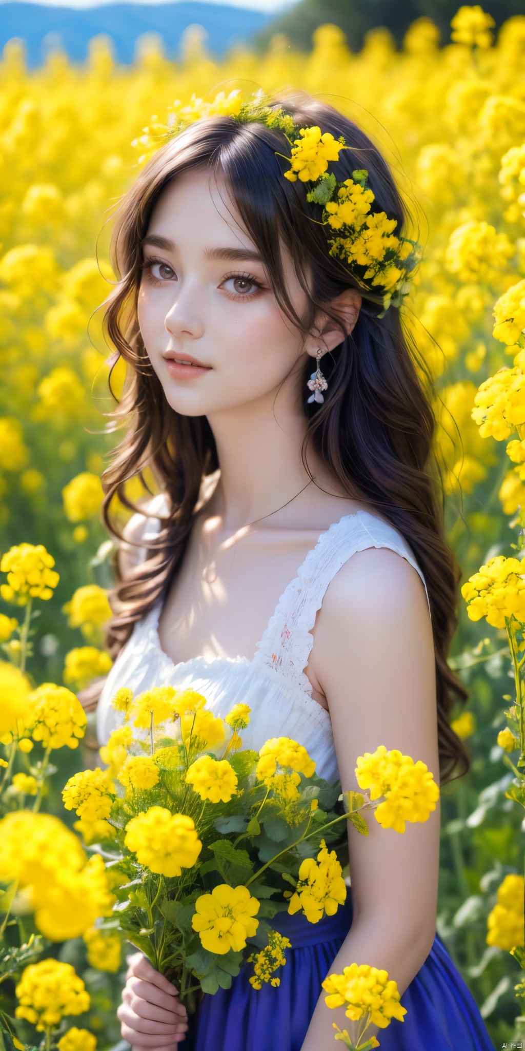 A beautiful young girl taking photos, wearing a delicate flower wreath, surrounded by blooming canola flowers. The background is a simple blend of pure purple and blue, with cinematic lighting that makes the whole scene more vivid and textured. Ultra HD photo of a girl in a flower wreath surrounded by canola flowers, pure purple and blue background, film-level lighting, trending on Unsplash, high quality, sharp focus, vibrant colors, artistic, natural beauty, serene atmosphere, photorealistic image by top photographers, inspired by Pinterest and Instagram.
