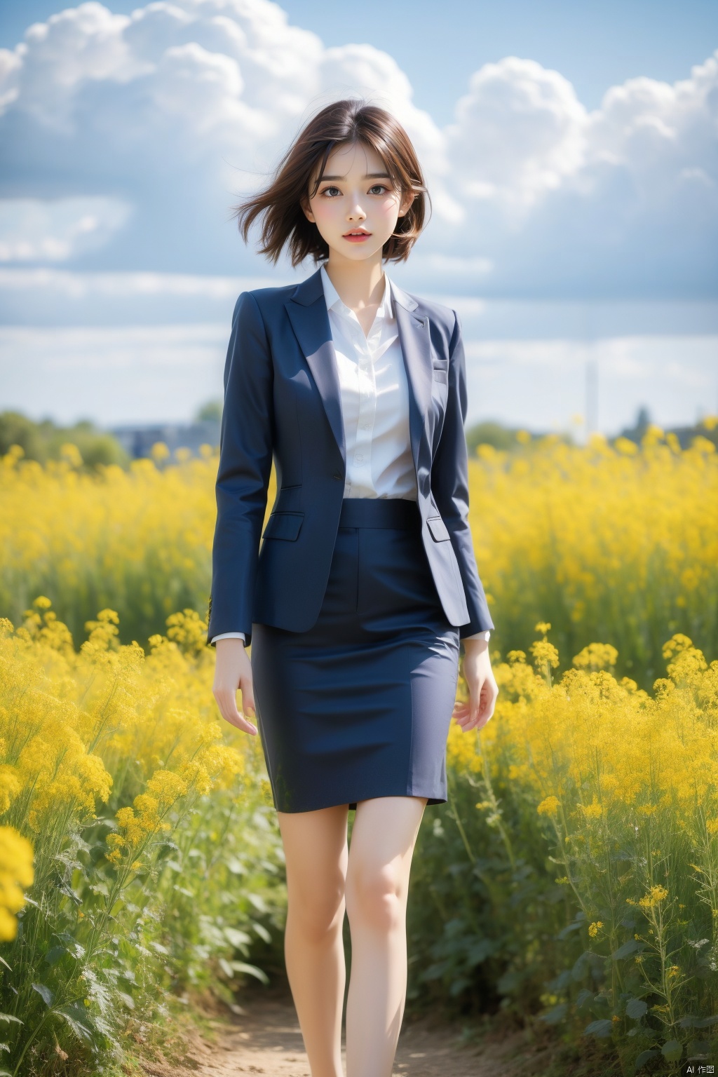  A elegant woman in a dark suit with golden short hair, standing in a field of blooming rapeseed flowers against a backdrop of blue sky and white clouds, gentle breeze blowing, causing her clothes corner and hair to flutter slightly, high quality full HD picture, art painting by famous artist., Light master, ((poakl)), (\meng ze\)