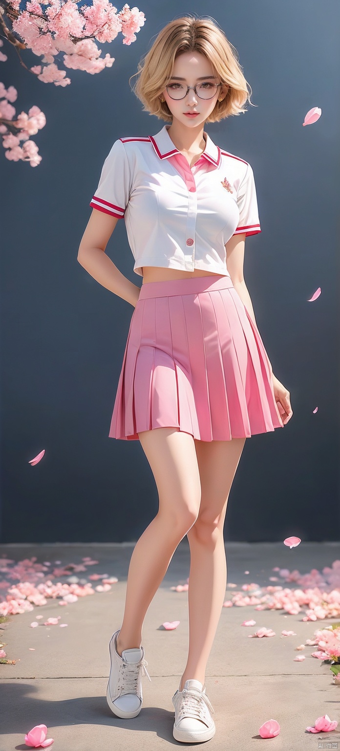  Best Quality, masterpiece, navy blue background, (Pure Blue-16K-1JK, JK, uniform, 1 girl, glasses, blonde short hair, school uniform, pink skirt, sneakers, body, petals falling, cherry blossom background, big breasts, Light master
