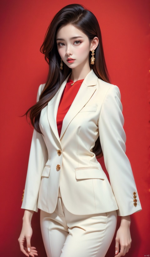  A glamorous beauty in a semi-body portrait, donning a suit jacket and white shirt, lips painted with striking red lipstick, looking incredibly refined. Set against a pure red backdrop that contrasts sharply with her attire. Fully detailed high-definition image of the elegant lady in formal wear against a vibrant red background, sophisticated, sensual, sharp focus, vivid color, photorealistic art by top photographers, trending on Unsplash, popular on Pinterest, Instagram worthy, Tumblr style, high quality digital photo., xiqing, ((poakl)), 1girl, hszt