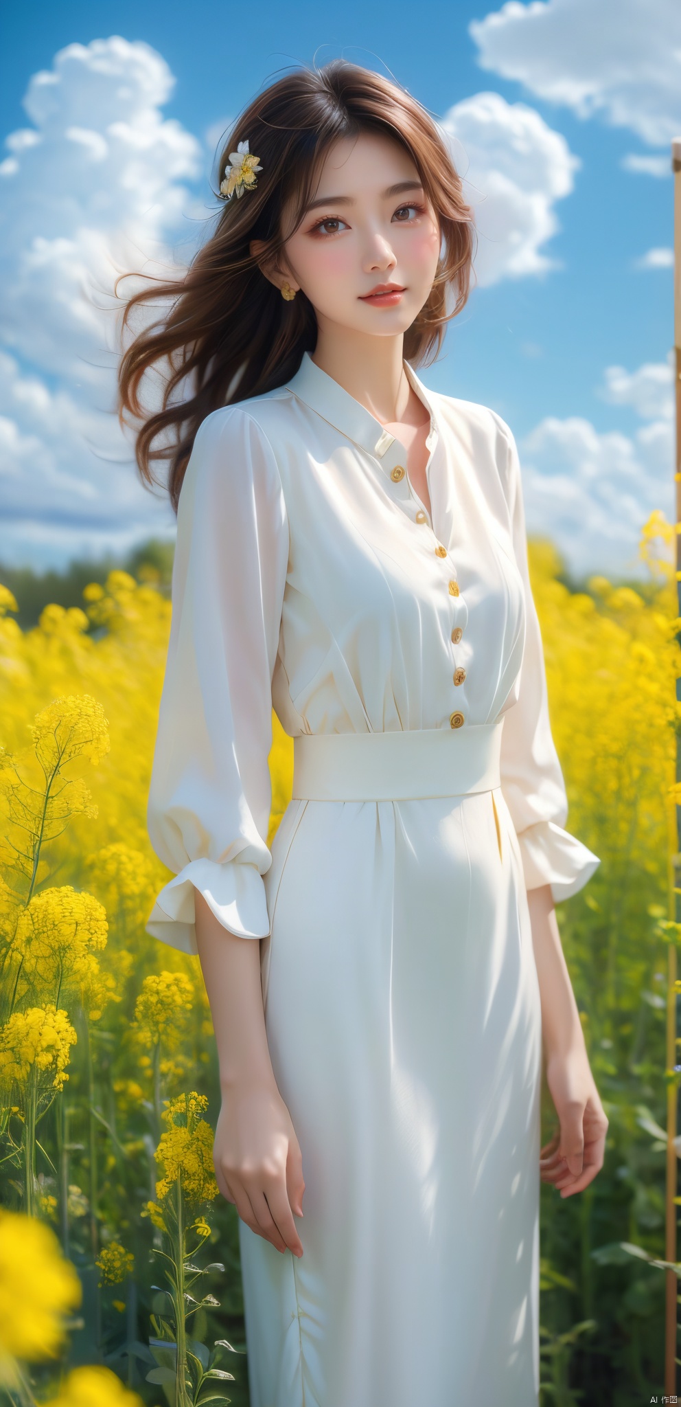  A elegant woman in a dark suit with golden short hair, standing in a field of blooming rapeseed flowers against a backdrop of blue sky and white clouds, gentle breeze blowing, causing her clothes corner and hair to flutter slightly, high quality full HD picture, art painting by famous artist., Light master, ((poakl)), (\meng ze\), xiqing