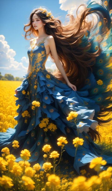  A girl wearing a peacock blue dress standing in the golden rapeseed flower field, her hair gently swaying in the breeze, bathed in sunlight, making her look like a fairy. Behind her is an endless sea of rapeseed flowers, with blue skies, white clouds, and rolling hills in the distance. High-definition photo of a girl in a peacock-blue dress standing in a rapeseed flower field, with long hair fluttering in the wind, bathed in golden sunlight, looking like a fairy, with a vast sea of rapeseed flowers, blue sky, white clouds, and rolling hills in the background. Sharp focus, high-quality picture, dramatic, photorealistic painting art by midjourney and greg rutkowski., Light master