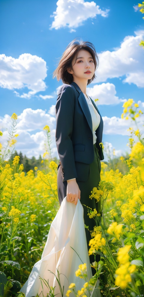  A elegant woman in a dark suit with golden short hair, standing in a field of blooming rapeseed flowers against a backdrop of blue sky and white clouds, gentle breeze blowing, causing her clothes corner and hair to flutter slightly, high quality full HD picture, art painting by famous artist., Light master, ((poakl)), (\meng ze\), xiqing, 1 girl