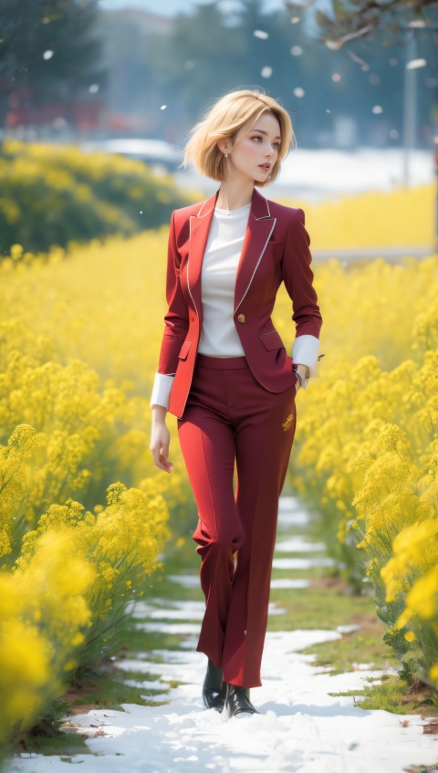 A woman in a red suit, short blond hair, standing gracefully in a field of canola flowers, snowflakes falling from the sky, snowflakes covering the earth, thick snow, a high-definition photo, an elegant woman, dressed in a red suit and blond hair, standing in a rape field, snowflakes falling, Snowflakes falling on the ground, this photo is popular on Artstation by Greg Rutkowski, a photorealist painting by Midtrip.