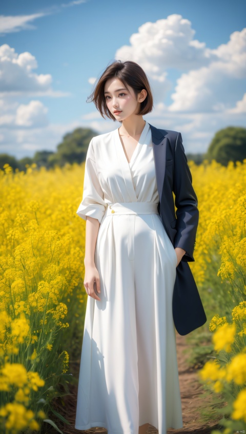 A elegant woman in a dark suit with golden short hair, standing in a field of blooming rapeseed flowers against a backdrop of blue sky and white clouds, gentle breeze blowing, causing her clothes corner and hair to flutter slightly, high quality full HD picture, art painting by famous artist.