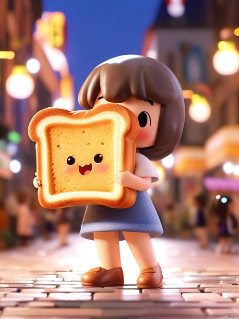 一个可爱的3D小人站立在热闹的街头,她的手里举着一块大大的吐司面包。周围是夜晚的城市景象,灯光闪烁,人们来往匆匆,给这个场景增添了一种独特的氛围