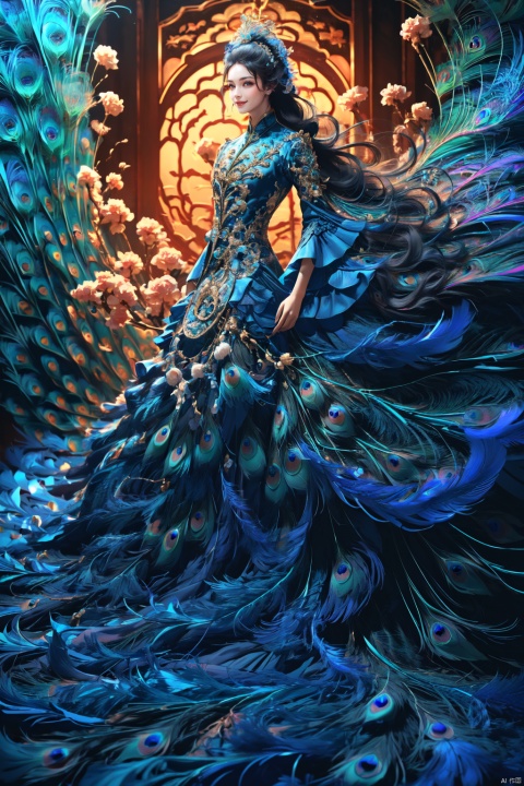  (low saturation:1) ((full body:1)), (1girl is surrounded by Peacock feather from head to neck , ((long hair:1)), (wear Peacock feather outfit fashion with ruffled layers:1), 1girl, sd_mai, (\huo yan shao nv\)