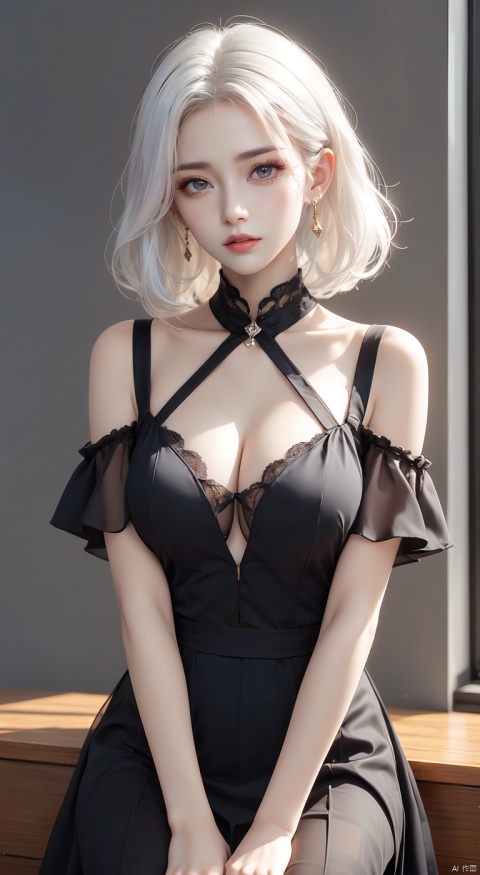  A woman with white hair, big breasts, transparent black dress, and a longing expression, xiqing