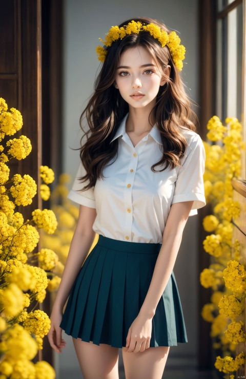 A pretty young girl was in a room, dressed in a JK uniform and short skirt, showing off her long legs, sexy, bare breasts, medium breasts, with a wreath on her head and a bunch of bright yellow canola flowers in her hand. The background is solid black with cinema-quality lighting. Sharp focus, high resolution photos of the world's most beautiful artwork, a young girl in a JK uniform holding rape flowers in an indoor setting with cinematographic lighting, shot by Greg Rutkowski, popular on ArtStation, intricate, high detail, sharp focus, dramatic, realistic painting art.