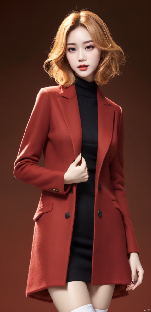 Outdoor scenery, girls, red wool coat, pretty face, short hair, blonde hair, (photo reality: 1.3) , Edge lighting, (high-detail skin: 1.2) , 8K Ultra HD, high quality, high resolution, the best ratio of four fingers and thumb, (photo reality: 1.3) , wearing a red coat, white shirt inside, large breasts, hand-held rape flower, solid background, solid red background, advanced feeling, texture full, 1 girl, Xiqing, HZT, Xiaxue, dongy, a girl, magic eyes, black 8d smooth stockings, 1 girl, Xiqing, HSZT, (Mengze) 