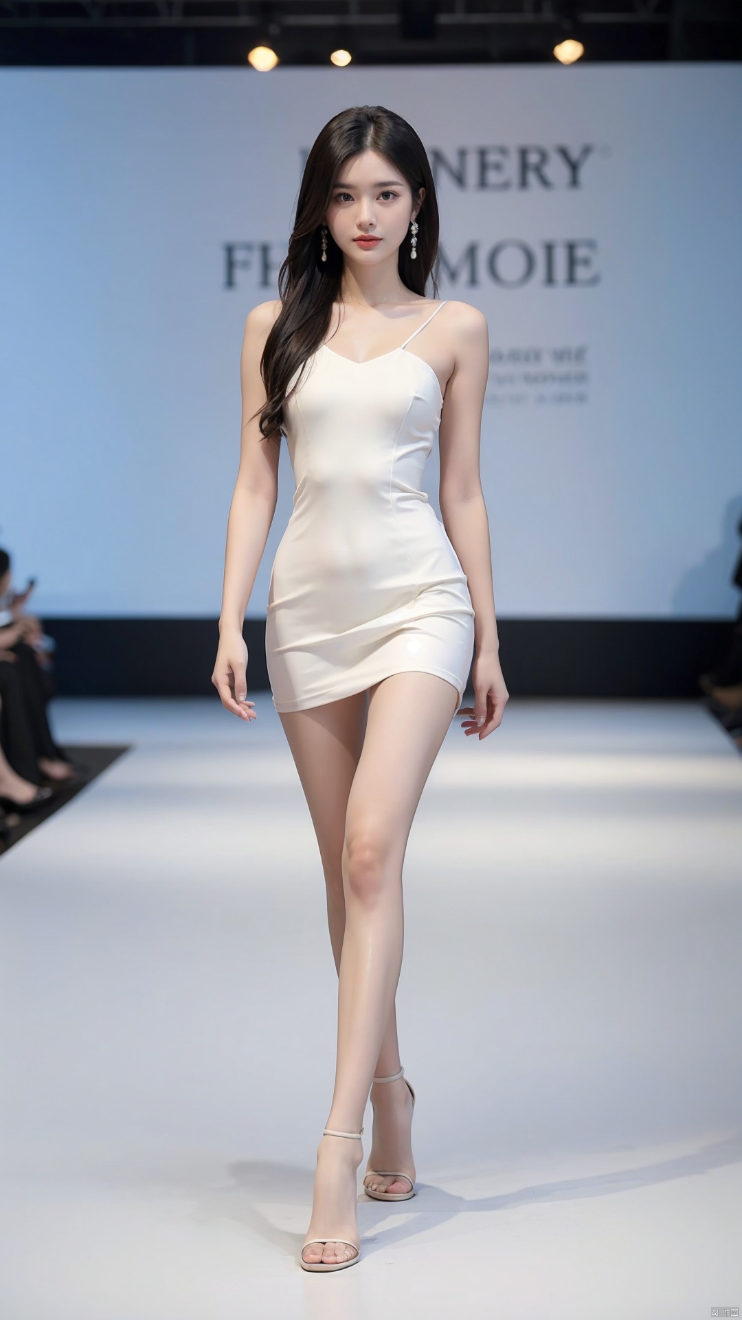  1girl, solo, long_hair, looking_at_viewer, black_hair, dress, brown_eyes, jewelry, standing, full_body, pantyhose, earrings, solo_focus, Models walked on the gorgeous catwalk,white_dress, high_heels, realistic
