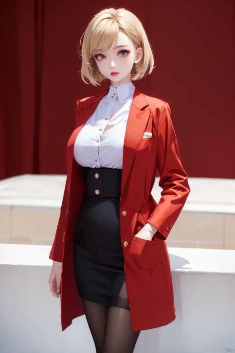  Outdoor scenery, snow view, Snow Mountain, girl, red wool coat, pretty face, short hair, blonde hair, (photo reality: 1.3) , Edge lighting, (high detail skin: 1.2) , 8K Ultra HD, high quality, high resolution, the best ratio of four fingers and a thumb, (photo reality: 1.3) , wearing a red coat, white shirt inside, big chest, solid color background, solid red background, advanced feeling, texture full, 1 girl, Xiqing, HSZT, Xiaxue, dongy, a girl, magic eyes, black 8d smooth stockings, 1girl, tm, hy