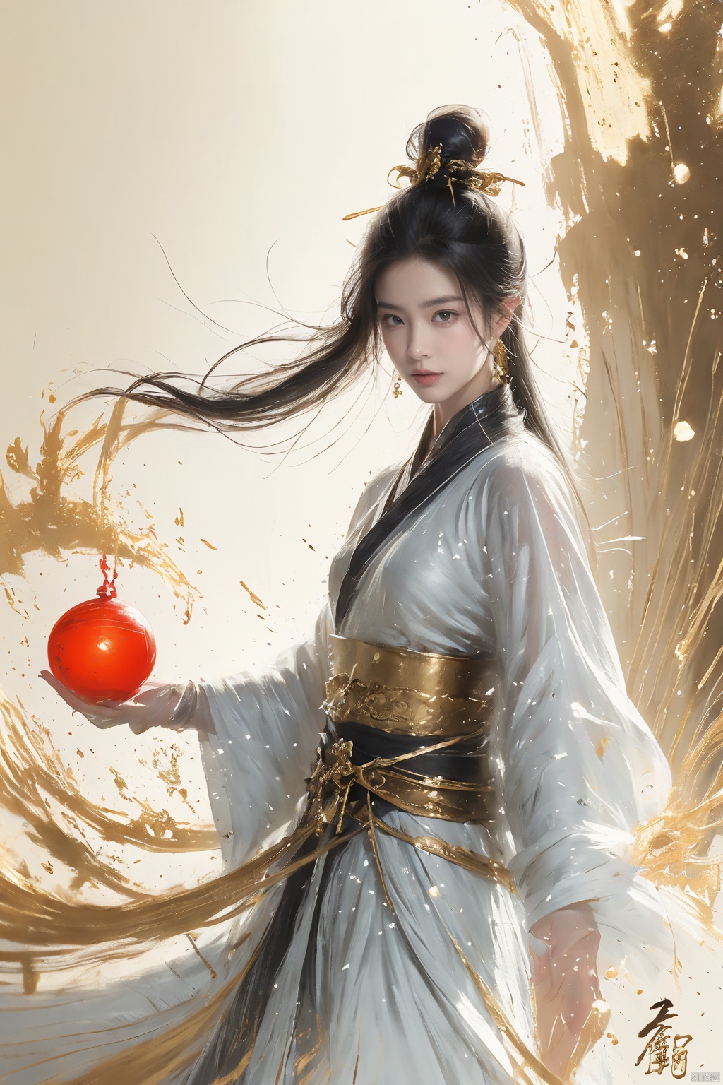  a woman with white hair holding a glowing ball in her hands, white haired deity, by Yang J, heise jinyao, inspired by Zhang Han, xianxia fantasy, flowing gold robes, inspired by Guan Daosheng, human and dragon fusion, cai xukun, inspired by Zhao Yuan, with long white hair, fantasy art style,,Ink scattering_Chinese style, smwuxia Chinese text blood weapon:sw, lotus leaf, (\shen ming shao nv\), gold armor