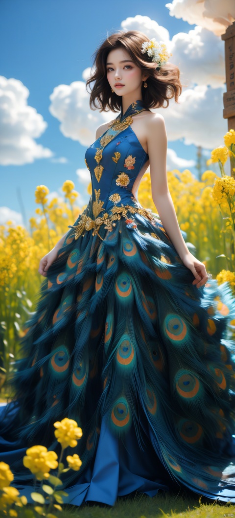 An elegant woman in a peacock-feather dress, short blonde hair, standing in a field of flowering rape flowers against a backdrop of blue skies and white clouds, her hair and the corners of her dress fluttering slightly in the breeze, in high-definition, famous artist, Master Light&#039;s art painting