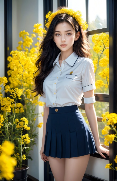 A pretty young girl was in a room, dressed in a JK uniform and short skirt, showing off her long legs, sexy, bare breasts, medium breasts, with a wreath on her head and a bunch of bright yellow canola flowers in her hand. The background is solid black with cinema-quality lighting. Sharp focus, high resolution photos of the world's most beautiful artwork, a young girl in a JK uniform holding rape flowers in an indoor setting with cinematographic lighting, shot by Greg Rutkowski, popular on ArtStation, intricate, high detail, sharp focus, dramatic, realistic painting art., tutututu