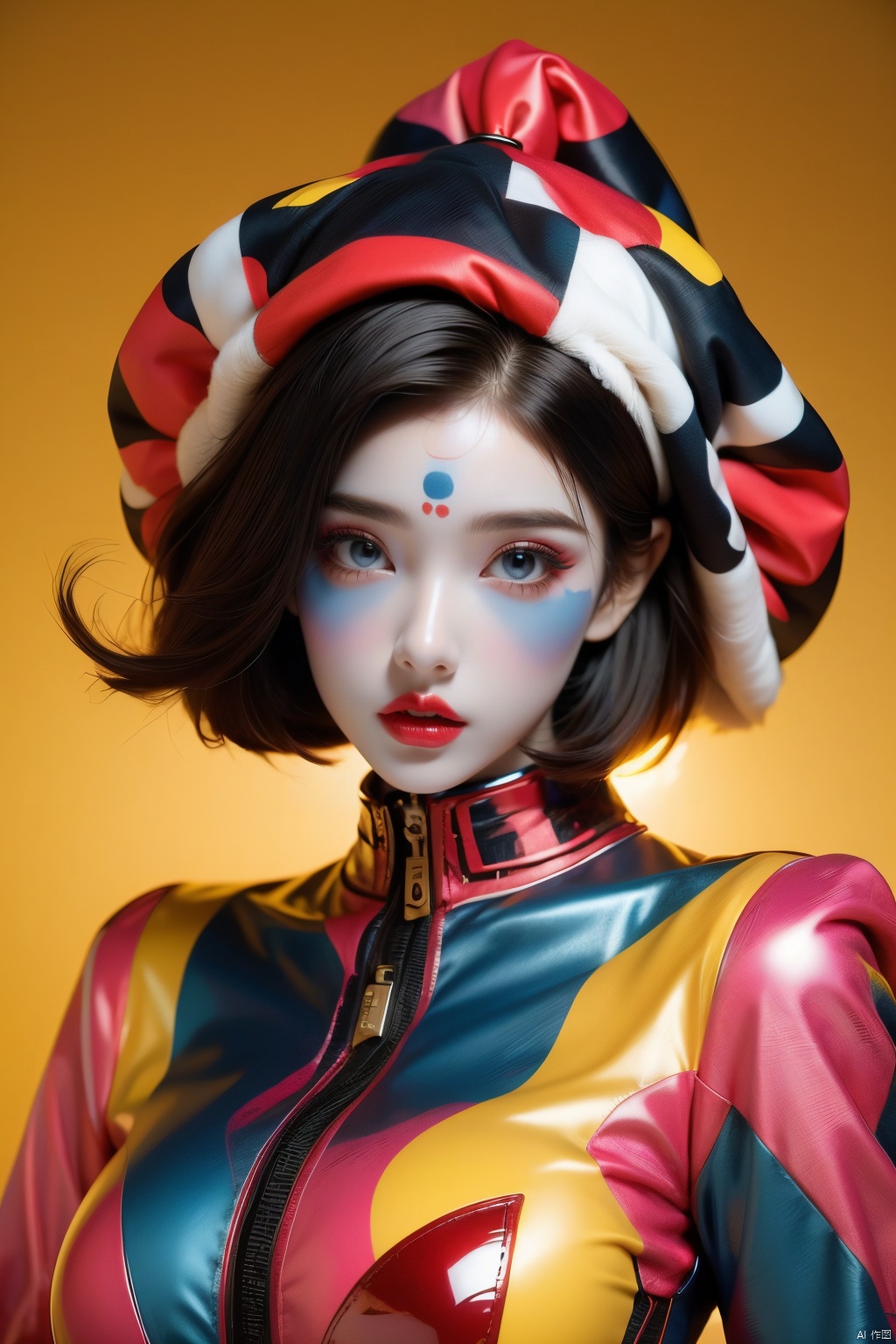  1girl, solo, looking at viewer, blue eyes, hat, upper body, lips, makeup, colored skin, facial mark, lipstick, multicolored clothes, red lips, facepaint, jester cap, colorful, multicolored headwear, clown, Light master, xiqing