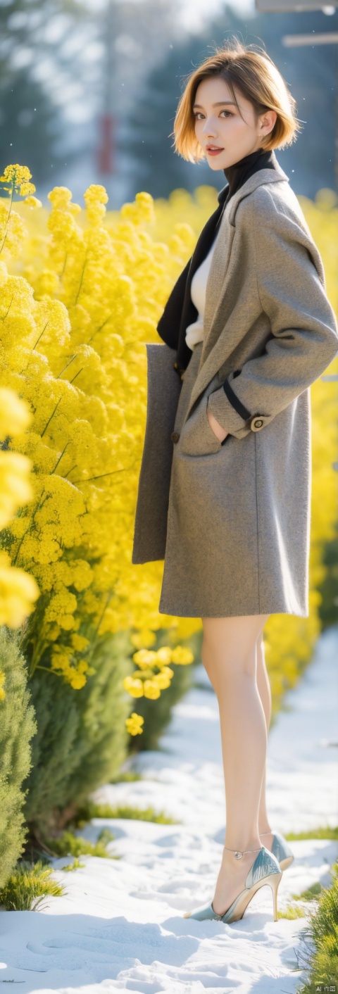 A woman in a red tweed coat, short blonde hair, standing gracefully among canola flowers, snowflakes falling from the sky, snowflakes covering the earth, thick snow, a high-definition photo, an elegant woman, long coat, blond hair, long legs, bare legs, high heels, standing in a rape field, snowflakes falling, Snowflakes falling to the ground, this photo was taken by Greigg Ruttkowski at Artstation