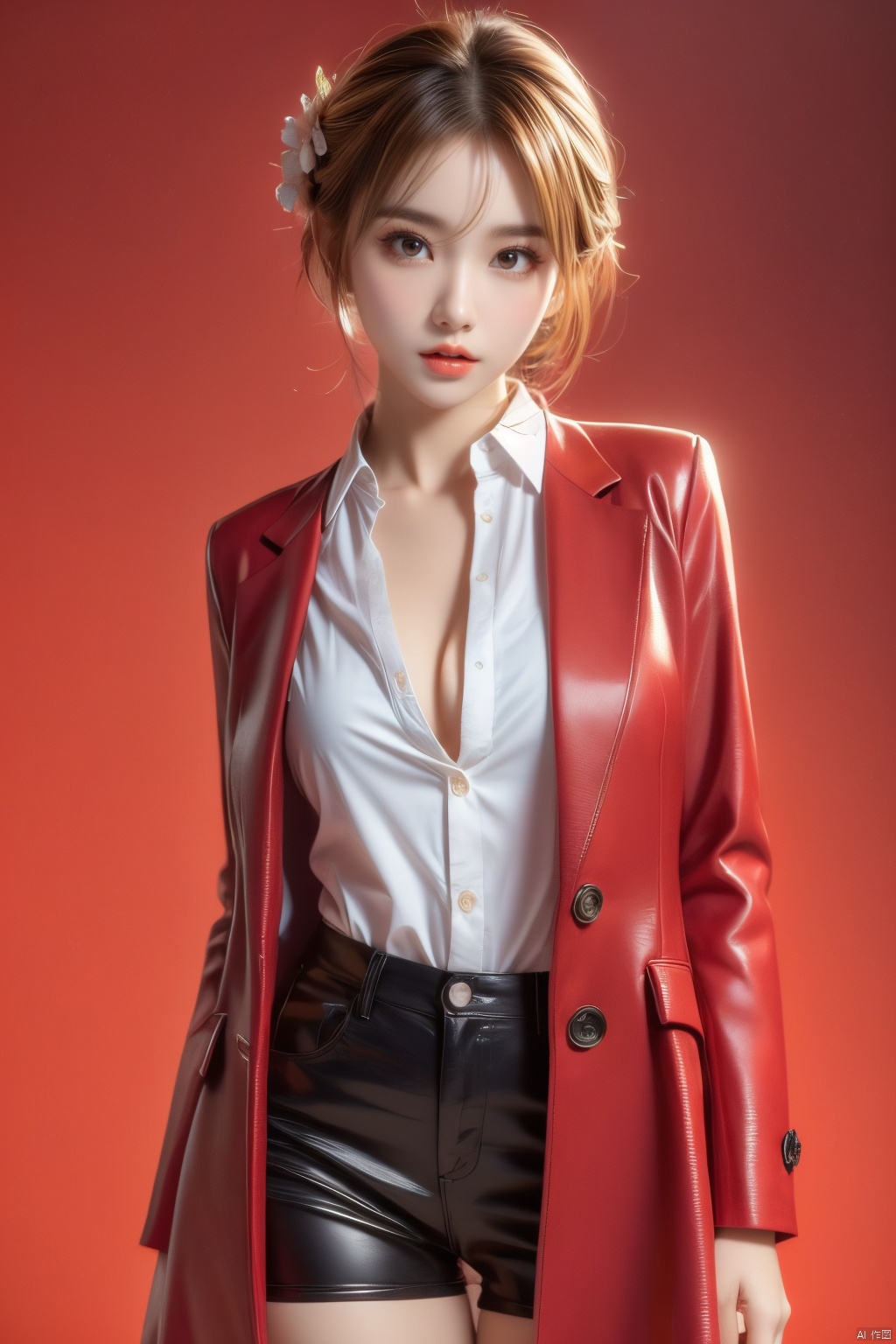  Outdoor scenery, snow view, Snow Mountain, girl, red wool coat, pretty face, short hair, blonde hair, (photo reality: 1.3) , Edge lighting, (high detail skin: 1.2) , 8K Ultra HD, high quality, high resolution, the best ratio of four fingers and a thumb, (photo reality: 1.3) , wearing a red coat, white shirt inside, big chest, solid color background, solid red background, advanced feeling, texture full, 1 girl, Xiqing, HSZT, Xiaxue, dongy, a girl, magic eyes, black 8d smooth stockings, 1girl, sd_mai, xiqing, tm, ((poakl flower style)), ((poakl))