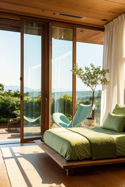 indoors, tree, pillow, book, no humans, window, table, sunlight, plant, scenery, wooden floor, lamp