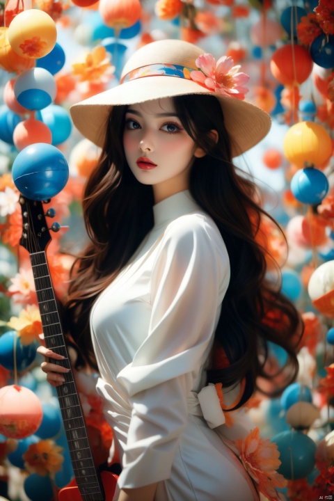 A person wearing a Memphis style outfit, with a large hat and holding a guitar, standing in front of a brightly colored geometric background. The face is relaxed and happy, surrounded by colorful balls of various colors. High resolution image, trending on ArtStation, trending on CGSociety, Intricate, High Detail, Sharp focus, dramatic, photorealistic painting art by midjourney and greg rutkowski., ((poakl flower style))