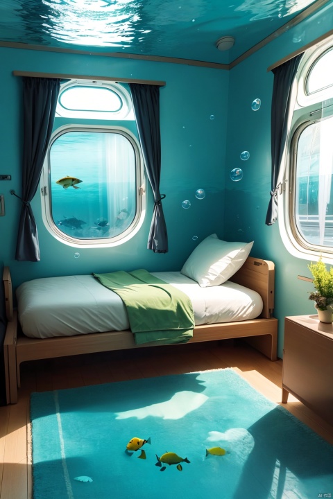  indoors, no humans, window, ground vehicle, scenery, fish, bubble, underwater, air bubble, train interior