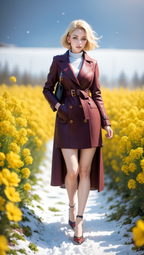 A woman in a red tweed coat, short blonde hair, standing gracefully among canola flowers, snowflakes falling from the sky, snowflakes covering the earth, thick snow, a high-definition photo, an elegant woman, wearing a long coat, blonde hair, long legs, bare legs, high heels, standing in the rape field, snowflakes falling, Snowflakes falling on the ground, this photo was taken at Artstation by Greigg Ruttkowski, a photographic realist painting by Midtrip.