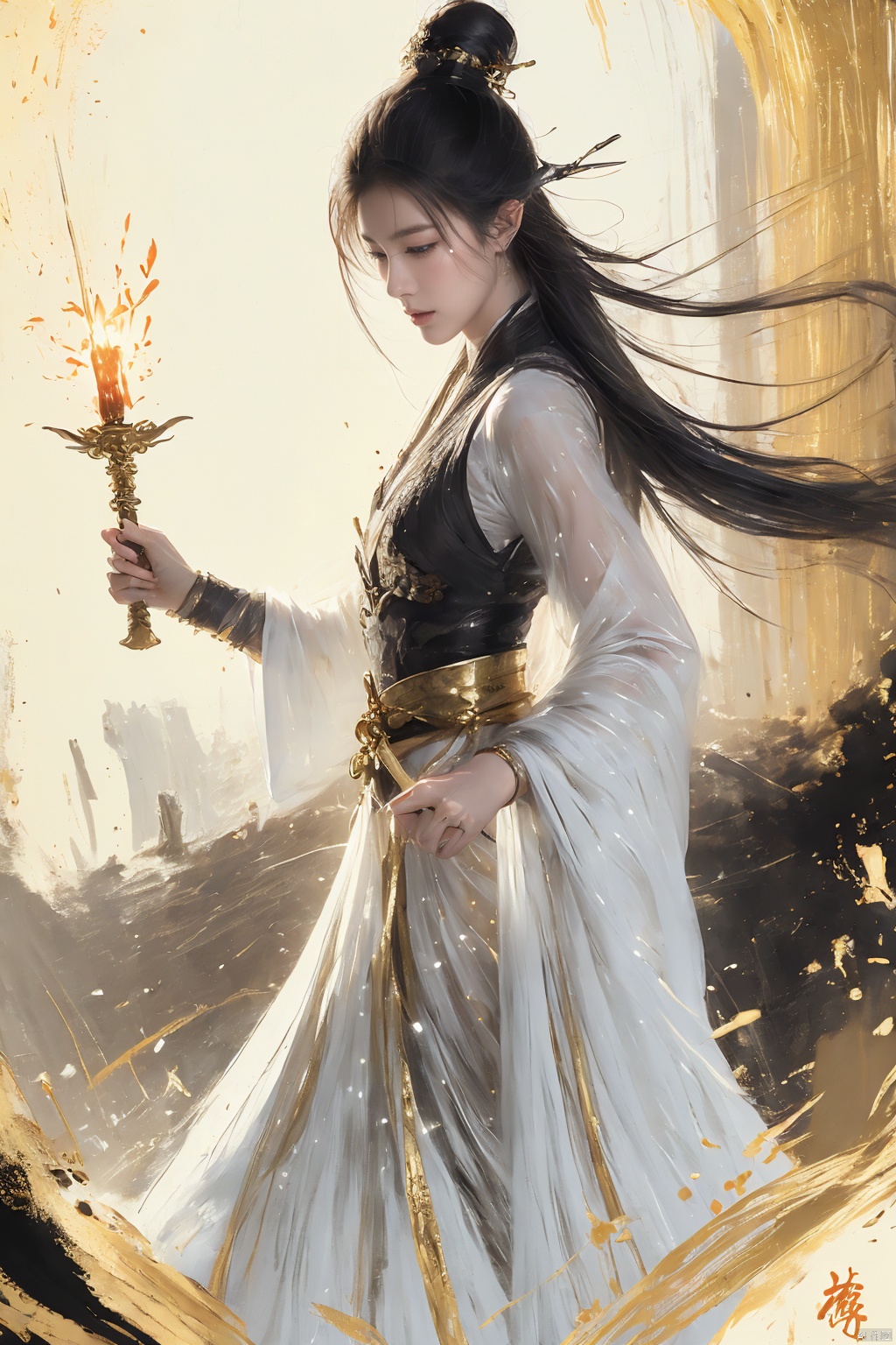  a woman with white hair holding a glowing ball in her hands, white haired deity, by Yang J, heise jinyao, inspired by Zhang Han, xianxia fantasy, flowing gold robes, inspired by Guan Daosheng, human and dragon fusion, cai xukun, inspired by Zhao Yuan, with long white hair, fantasy art style,,Ink scattering_Chinese style, smwuxia Chinese text blood weapon:sw, lotus leaf, (\shen ming shao nv\), gold armor