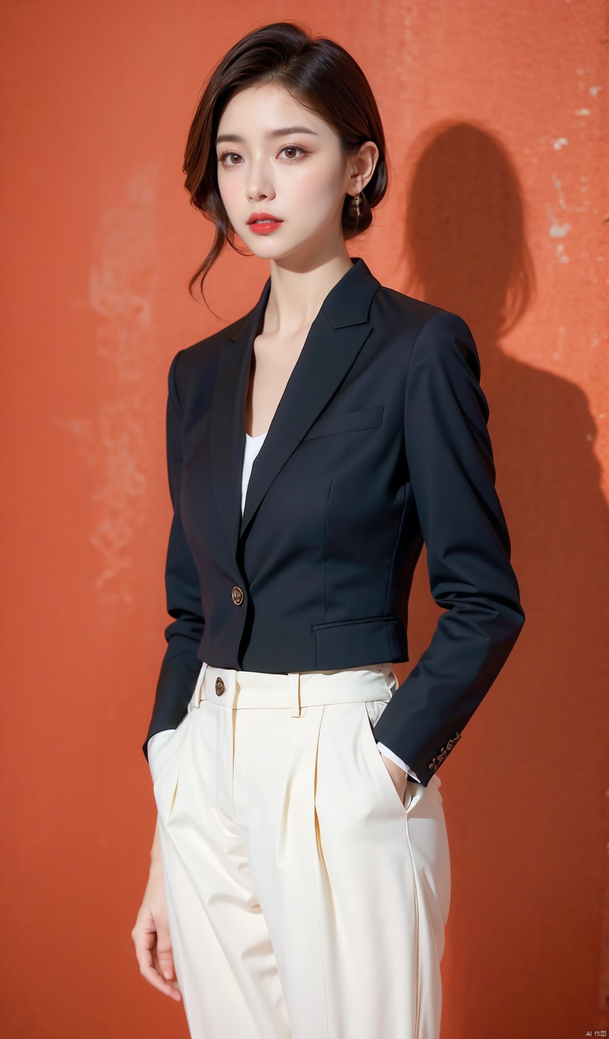  A glamorous beauty in a semi-body portrait, donning a suit jacket and white shirt, lips painted with striking red lipstick, looking incredibly refined. Set against a pure red backdrop that contrasts sharply with her attire. Fully detailed high-definition image of the elegant lady in formal wear against a vibrant red background, sophisticated, sensual, sharp focus, vivid color, photorealistic art by top photographers, trending on Unsplash, popular on Pinterest, Instagram worthy, Tumblr style, high quality digital photo., xiqing, ((poakl)), 1girl