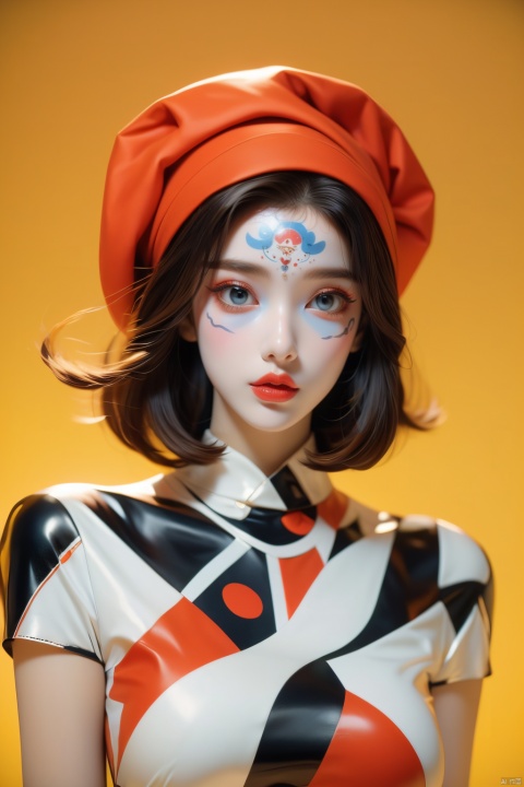  1girl, solo, looking at viewer, blue eyes, hat, upper body, lips, makeup, colored skin, facial mark, lipstick, multicolored clothes, red lips, facepaint, jester cap, colorful, multicolored headwear, clown, Light master, xiqing