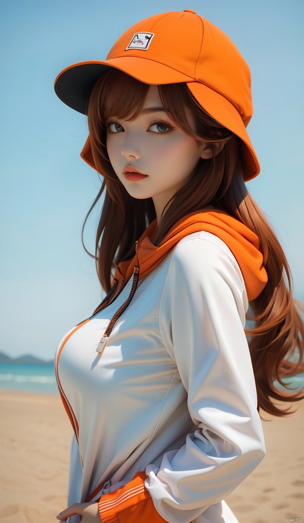  1 girl, Solo, Big Boobs, sexy, long hair, bangs, brown hair, long sleeves, hat, shut up, upper body, signature, hat, orange hair, from side, hoodie, side, Shadow, hat Down, hand in pocket, white hoodie, (Mengze) 