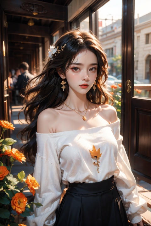  1 girl, jewelry, solo, earrings, long hair, forehead markings, black hair, necklace, bare shoulders, flowers, red lips, hair flowers, upper body, skirt, off shoulder, facial markings, head down, makeup, lips, candles, collarbones, long sleeves, tears streaming down, crying, Tyndall effect, 8k, large aperture, masterpiece of the century, sit, maple leaf, doorway, corridor, Sun on face, (\meng ze\)