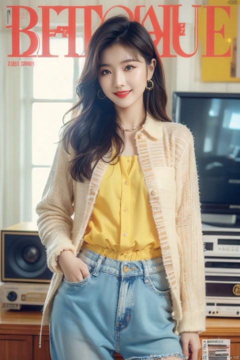  80sDBA style, fashion, (magazine: 1.3), (cover style: 1.3),Best quality, masterpiece, high-resolution, 4K, 1 girl, smile, exquisite makeup,shirt,jean,jacket , lace, tv,boombox
,, , ,long_hair , , , zhangmin