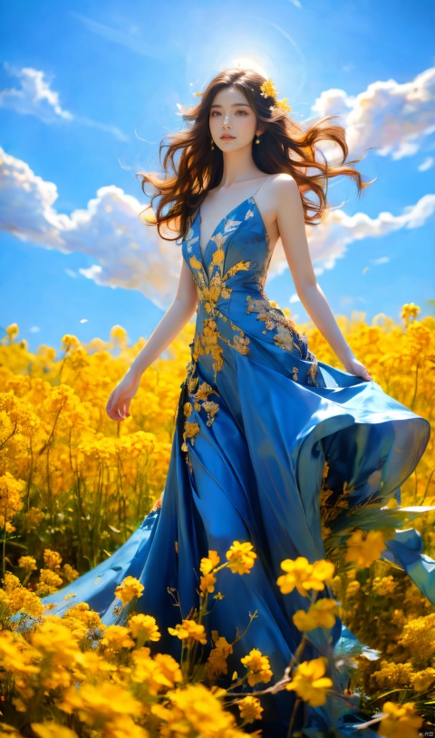  A girl wearing a peacock blue dress standing in the golden rapeseed flower field, her hair gently swaying in the breeze, bathed in sunlight, making her look like a fairy. Behind her is an endless sea of rapeseed flowers, with blue skies, white clouds, and rolling hills in the distance. High-definition photo of a girl in a peacock-blue dress standing in a rapeseed flower field, with long hair fluttering in the wind, bathed in golden sunlight, looking like a fairy, with a vast sea of rapeseed flowers, blue sky, white clouds, and rolling hills in the background. Sharp focus, high-quality picture, dramatic, photorealistic painting art by midjourney and greg rutkowski., Light master