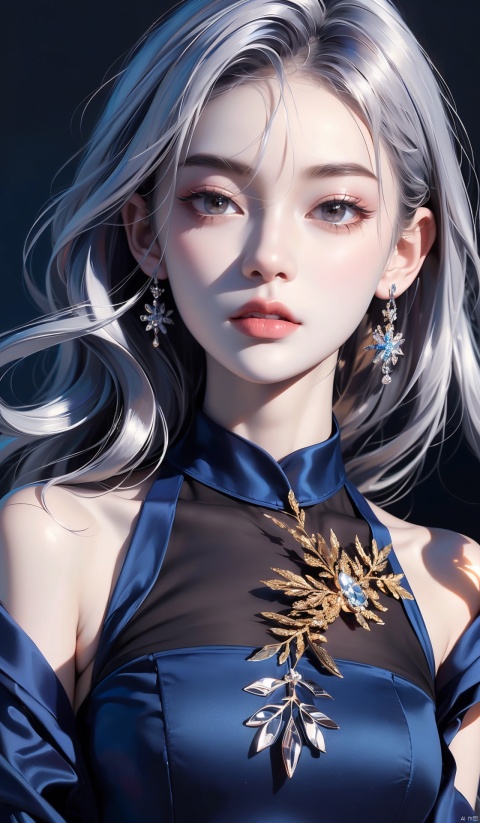  (best quality:1.4), (masterpiece:1.4), ultra-high resolution, 8K, CG, exquisite, upper body, lonely, Thumbelina, little princess, blue taffeta court dress, snowflake background, detailed facial features, silver-gray hair, almond-shaped eyes, intricate eye makeup, long eyelashes, gray eyes and starry gaze, intricate lip details, soft and harmonious style, xiqing
