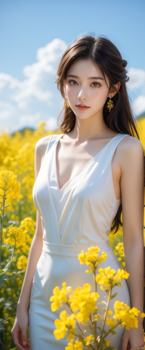 A young girl standing in a field full of rapeseed flowers, wearing sexy clothes, forming a sharp contrast with the yellow flowers around her. Above her head is the blue sky and white clouds, the sunlight sprinkles on her, giving a sense of tranquility and beauty. High quality picture, full shot body photo of the most beautiful artwork in the world featuring a girl standing in a field of rapeseed flowers, sexy, yellow flowers, blue sky, white clouds, sunshine, peaceful, beautiful, heart professional majestic oil painting by Ed Blinkey, Atey Ghailan, Studio Ghibli, by Jeremy Mann, Greg Manchess, Antonio Moro, trending on ArtStation, trending on CGSociety, Intricate, High Detail, Sharp focus, dramatic, photorealistic painting art by midjourney and greg rutkowski.