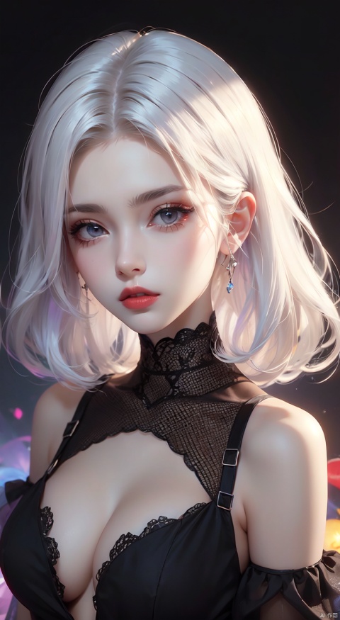  A woman with white hair, big breasts, transparent black dress, and a longing expression