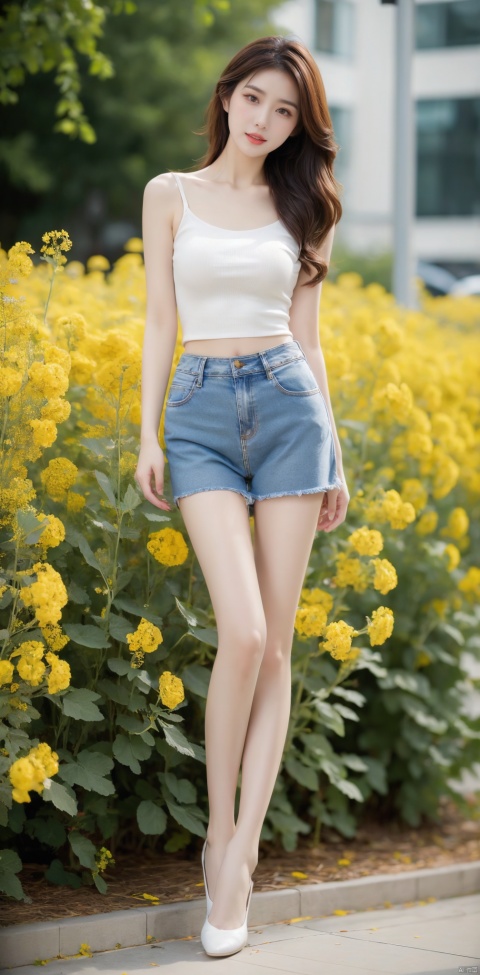 Full-body photos of a girl, realism, HD 16K, sexy short jeans, bare long legs, light, HD photography, masterpieces, details enhanced, delicate face, outdoors, rape flowers, flowers